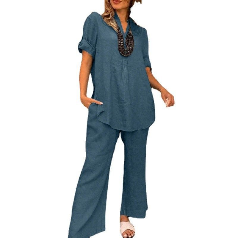 Women's Clothing Solid Color Short Sleeved V Neck Straight Wide Leg Pants Casual Elegant Loose Clothes_ecoleips.com