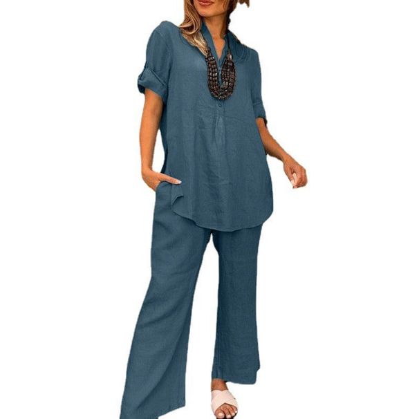 Women's Clothing Solid Color Short Sleeved V Neck Straight Wide Leg Pants Casual Elegant Loose Clothes_ecoleips.com