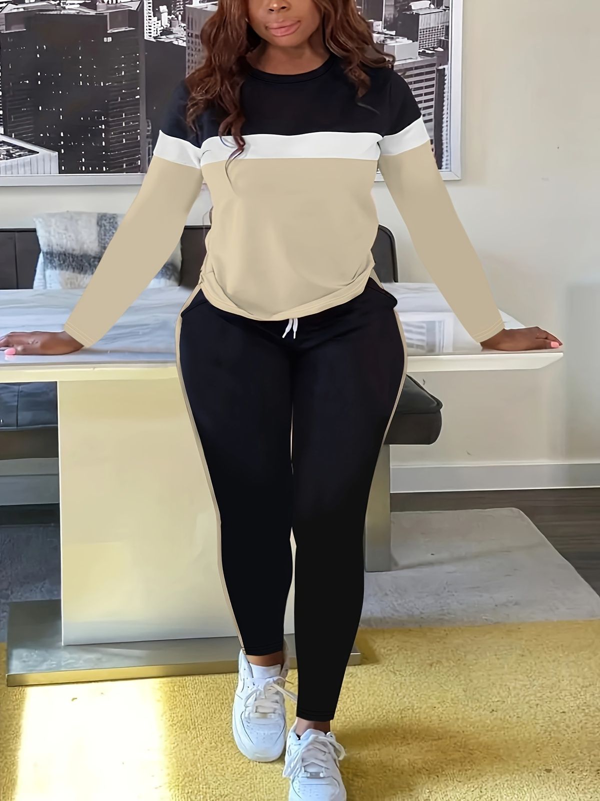 Women's Color-Block Lounge Set - Long Sleeve T-Shirt & Drawstring Joggers Two-Piece Outfit, Comfortable Casual Fall Winter Coordinated Ensemble_ecoleips.com