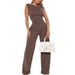 Women's Clothing Women's Casual Two-Piece Set - Sleeveless Round Neck Top With Straight Waist Pants - Elegant & Comfortable (Coffee, Peacock Blue)_ecoleips.com