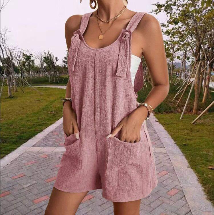 Women's Summer Jumpsuit Sleeveless Wide-Leg Short Romper With Adjustable Straps, Casual Belted Shorts Jumpsuit_ecoleips.com