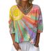 Women's Retro Floral Gradient Art Print V Neck Short Sleeve Top European American Style Cross Border Fashion for Ladies_ecoleips.com