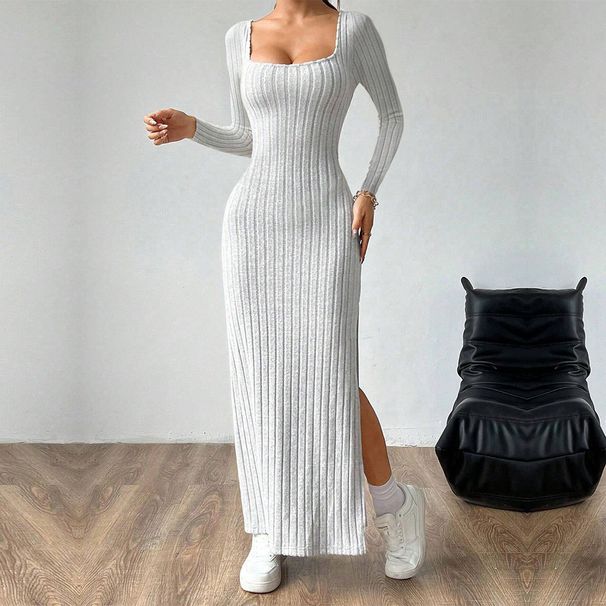 Voya Women's Simple And Elegant Dress With Spring And Summer Square Collar And Backless Design, Long Sleeved Mid Length Skirt_ecoleips.com