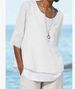 Verve 2025 Spring Summer V-neck Solid Color Cotton Linen Plus Size Mid-sleeve Women's Shirt_ecoleips.com