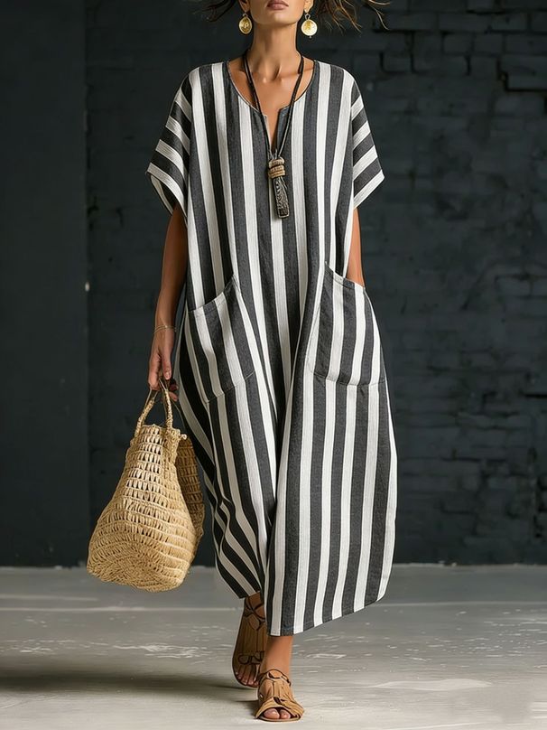 Women's Loose Fit V Neck Striped Floral Print Maxi Dress – Casual Boho Summer Resort Gown 2026_ecoleips.com