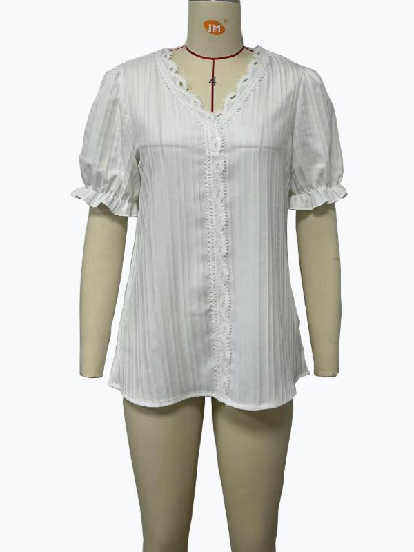 K New Vacation Fashion Hollow Out Short Sleeved Women's Shirt. No Accessories_ecoleips.com