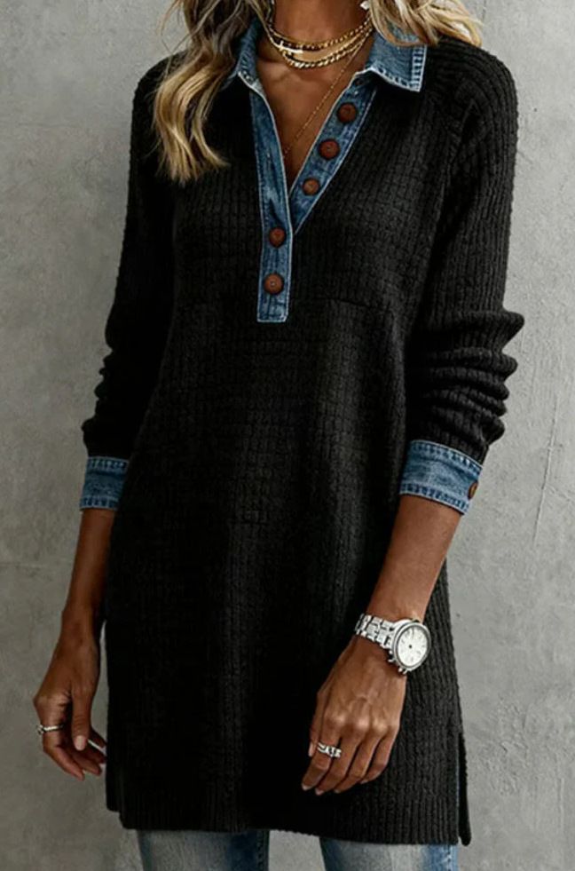 Women's Long Sleeved Collared Button Down Dress Denim Patchwork_ecoleips.com