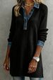 Women's Long Sleeved Collared Button Down Dress Denim Patchwork_ecoleips.com