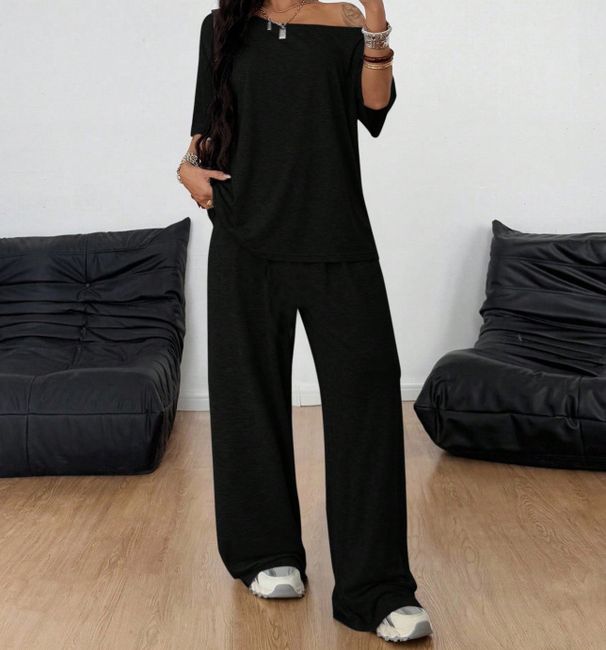 Women's Asymmetrical Neck Wide Leg Jumpsuit Set Casual Knit Two Piece Outfit with 5/4 Sleeve T-Shirt And Trousers Solid Color Loungewear_ecoleips.com