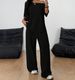 Women's Asymmetrical Neck Wide Leg Jumpsuit Set Casual Knit Two Piece Outfit with 5/4 Sleeve T-Shirt And Trousers Solid Color Loungewear_ecoleips.com