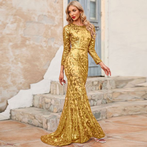 "Elegant Long Sleeve Sequined Evening Dress – Purple & Gold Round Neck Glam Gown For Parties & Special Occasions"_ecoleips.com