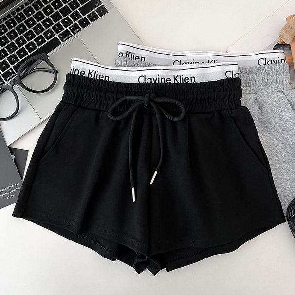 Women's High-Waisted Slimming Faux Two-Piece Drawstring Elastic Shorts Casual Sports Pants Letter Print Hot Pants Summer Style_ecoleips.com