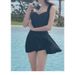 Elegant Black Sweetheart Neck One Piece Swimsuit With Ruched Bodice Flared Skirt Modest Swimwear For Beach Pool Vacation_ecoleips.com