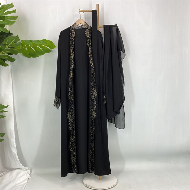 Middle Eastern Fashion Muslim Slim Fit Long Sleeve Cardigan With Lace Trim And Gorgeous Flowing Skirt (with Headscarf) 1484_ecoleips.com