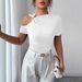 Women's Slim Fit Solid Color T-Shirt One Shoulder Metal Ring Short Sleeved Top Sexy Base Layer European American Style_ecoleips.com