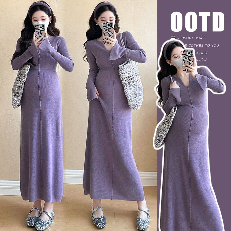 Autumn New Korean Fashion Flared Sleeve Long Knitted Maternity Dress_ecoleips.com