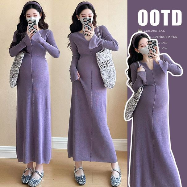 Autumn New Korean Fashion Flared Sleeve Long Knitted Maternity Dress_ecoleips.com