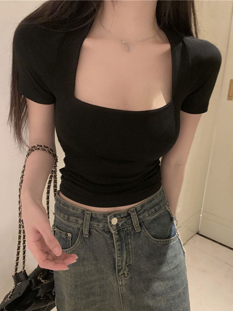 Women's Short Sleeved T Shirt, 2026 Summer New Style, French U Shaped Square Neck, Student Short Top, Slim Fit, Low Neck, Trendy._ecoleips.com