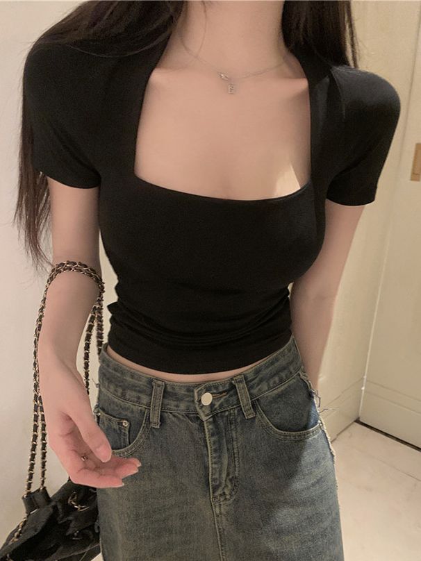 Women's Short Sleeved T Shirt, 2026 Summer New Style, French U Shaped Square Neck, Student Short Top, Slim Fit, Low Neck, Trendy._ecoleips.com