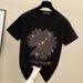 Pure Cotton INS Heavy-duty Rhinestone Loose T-shirt Women Short Sleeve 2023 Summer Internet Celebrity Little Daisy_ecoleips.com