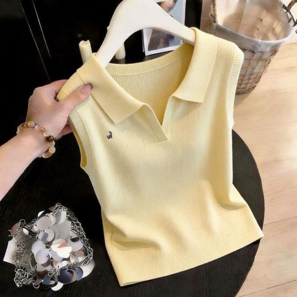 Preppy Style Women's Sleeveless Knit T-Shirt Slimming Elegant Shoulder Collared Top Summer New Arrival_ecoleips.com