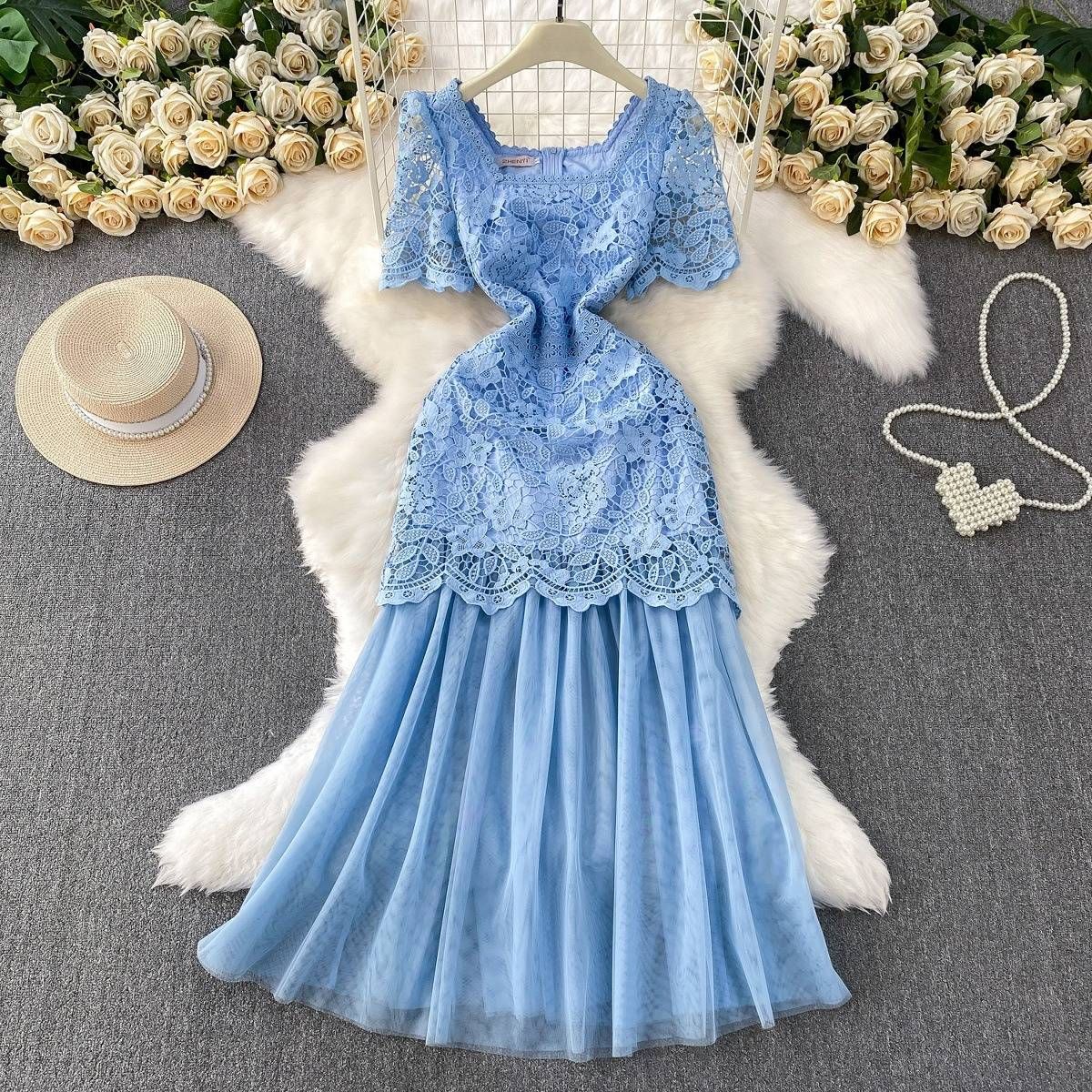 Women's Clothing Lady Style Lace Square Neck Dress Female Summer High Grade Sense Drape Mesh Splicing Elegant Long Skirt_ecoleips.com