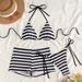 Women's Stripe Bikini Set - Soft Lined Triangle Top & High-Waist Boyshort Bottom (3-Piece Swimsuit) Universal Black_ecoleips.com