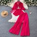 Women's Red Two Piece Set Autumn Loose Fitting High Waisted Pleated Wide Leg Pants Slim Fit Flared Sleeves_ecoleips.com
