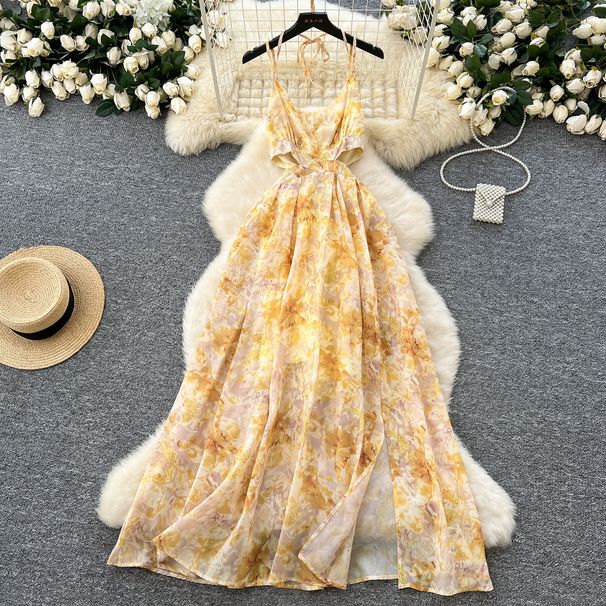 French Retro Floral Chiffon Maxi Dress for Women Sexy Hollow out Halter Neck Suspender Detail Spring 2025_ecoleips.com