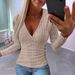 European And American New 2023 Autumn Ribbed Button Knit Pullover V-Neck Slim Fit Long Sleeve T-Shirt For Women_ecoleips.com