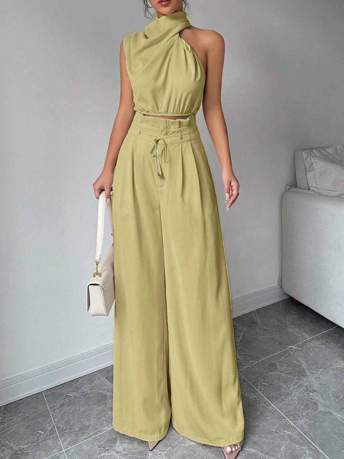 High-Waisted Loose-Fitting Straight Leg Drawstring Wide Leg Trousers Irregular Off-Shoulder Design Women's Set_ecoleips.com