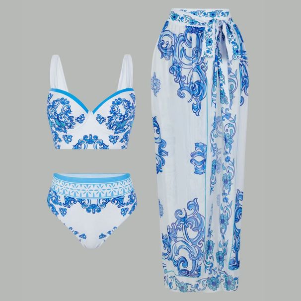 Women's Clothing Printed Split Bikini Three Piece Skirt Mesh Holiday Swimsuit_ecoleips.com