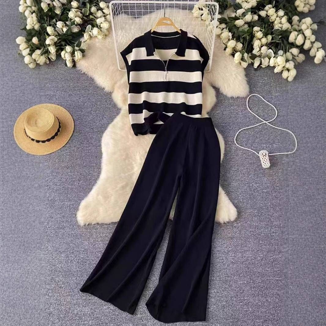 Women's Clothing Fashion Zipper Lapel Sleeveless Striped Top High Waist Versatile Trousers Knitted Two Piece Suit_ecoleips.com