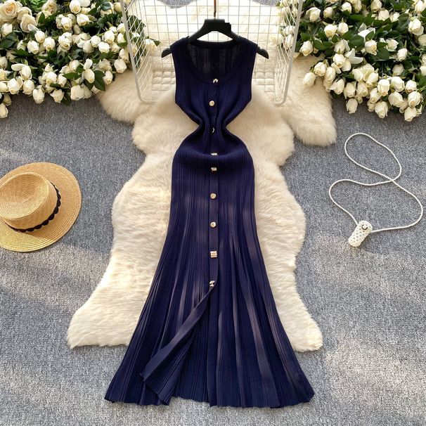 Women's Clothing Round Neck Sleeveless Knitted Dress Women's Slim-fit Slimming Metal-breasted Tight Hip Dress_ecoleips.com