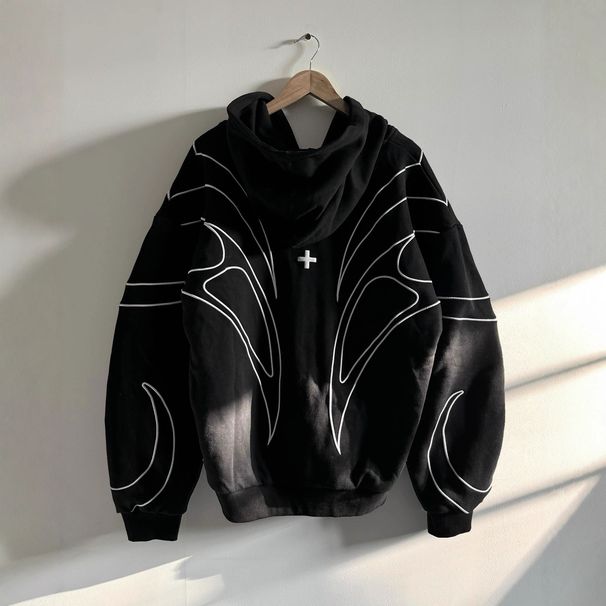 Women's Clothing Retro Street Personality Gothic Stripe Hooded Zip-Up Sweatshirt For Men & Women - Retro Streetwear With Cross Design_ecoleips.com