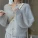 Oversized Mohair Cardigan - Soft Blue & Cream Knit Sweater, Japanese-Inspired Loose Fit, Lightweight Layering Piece_ecoleips.com