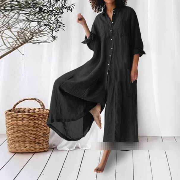 Women's Clothing Solid Color Casual Long Sleeved Jumpsuit Mid-Length Cotton Linen Shirt Romper_ecoleips.com