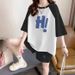 Women's Trendy Two Piece Suit Set Loose Casual Short Sleeved Top with Elastic Pants Milk Silk Print Stitching Contrast Color_ecoleips.com