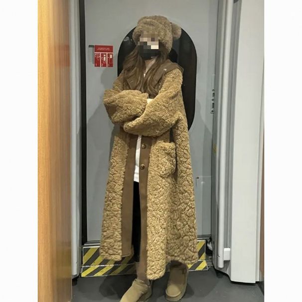 Lamb Wool Fur Integrated Medium And Long Plush Coat Women's Winter Korean Version Thickened Warm Fake Two-piece Hooded Coat_ecoleips.com