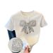 Women's round Neck Short Sleeve T-Shirt Rhinestone Bow Detail Summer Top_ecoleips.com