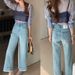 Light Blue Lace-trimmed High-waisted Straight-leg Mid-width Jeans For Women, Stretchy, Cropped, Casual, Stylish_ecoleips.com