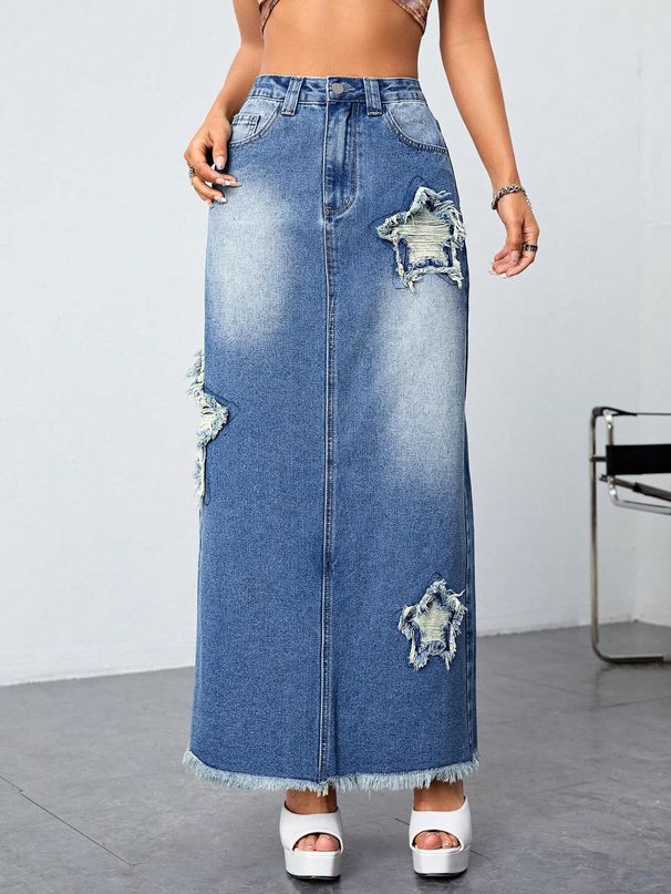 Women's Clothing Raw Edge Skirt Star Worn Denim Skirt High Waist Slit Jeans_ecoleips.com