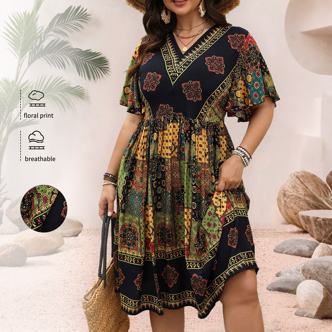 2025 Women's Spring Summer Casual Bohemian Style Long High Waist Loose Printed V-neck Dress_ecoleips.com