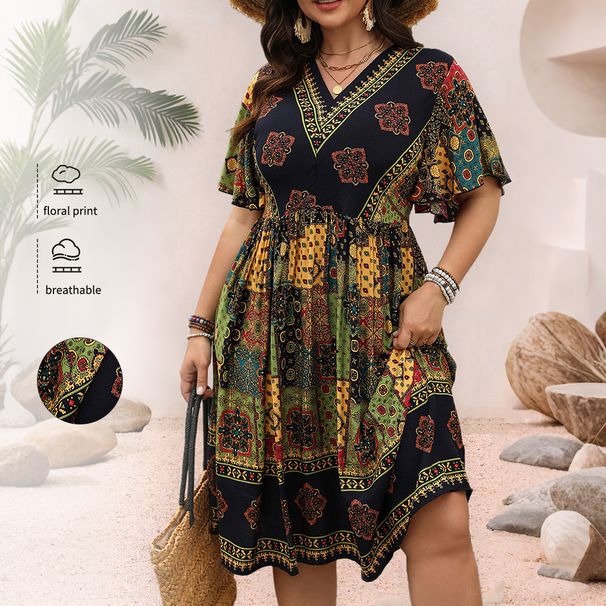 2025 Women's Spring Summer Casual Bohemian Style Long High Waist Loose Printed V-neck Dress_ecoleips.com