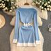 Petite V-Neck Color-Block Knit Dress – Double-Breasted Waist-Defining Midi Dress For Autumn | Elegant Office & Date Night Pullover_ecoleips.com