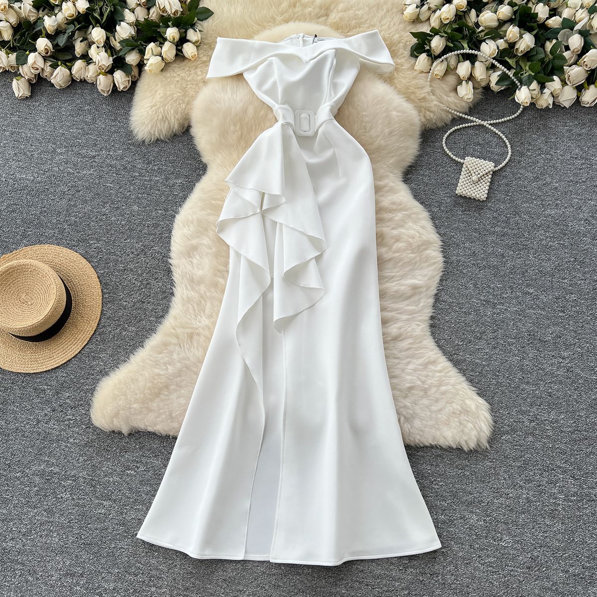 Elegant Dress For Women Light Luxury Celebrity High End Waist Hugging Ruffled Slit Slim Fitting Sleeveless Tube Top Dress_ecoleips.com