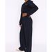 Women's V-Neck Long Sleeve Sportswear Set – Solid Color Trousers & Top (S-XL, Navy Blue/Pink)_ecoleips.com