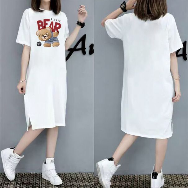 Cartoon Bear Print Short Sleeve Summer And Autumn New Loose Round Neck Pregnant Woman Comfortable Dress_ecoleips.com