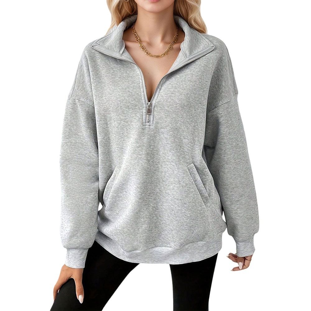 Voya Women's Casual Loose Sports Solid Color Simple Long Sleeved High Neck Pocket Hoodie_ecoleips.com