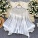 Women's Clothing Loose Fitting Casual Top Court Style Heavily Embellished Beading Rhinestones Lantern Sleeves Tassels Mesh_ecoleips.com